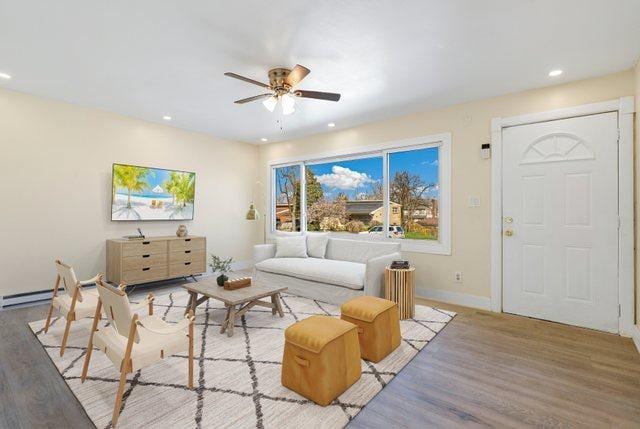 292 W 17th St, Chicago Heights, IL 60411 - living area with wood finished floors, a ceiling fan, and recessed lighting