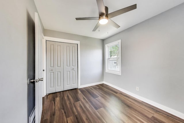 4118 Prairie Ave, Brookfield, IL 60513 - unfurnished bedroom featuring dark wood-style floors, a closet, and a ceiling fan