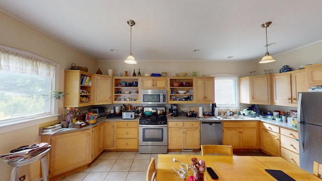 1025 Wesley Ave, Evanston, IL 60202 - kitchen with appliances with stainless steel finishes, open shelves, light brown cabinets, light tile patterned floors, and crown molding