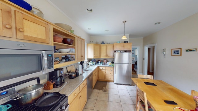 1025 Wesley Ave, Evanston, IL 60202 - kitchen with stainless steel appliances, light brown cabinets, light tile patterned flooring, open shelves, and ornamental molding