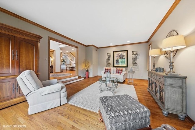 3104 Royal Fox Dr, Saint Charles, IL 60174 - living area featuring stairway, light wood-style flooring, ornamental molding, and recessed lighting