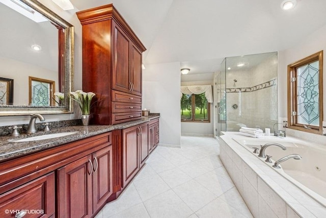 3104 Royal Fox Dr, Saint Charles, IL 60174 - full bath with a shower stall, a whirlpool tub, double vanity, tile patterned floors, and vaulted ceiling