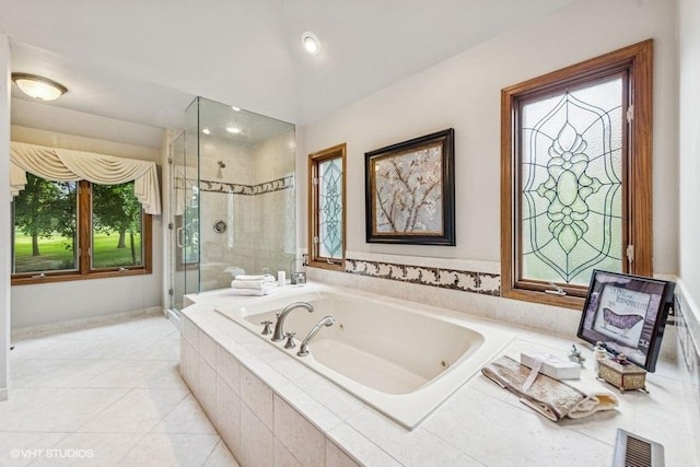 3104 Royal Fox Dr, Saint Charles, IL 60174 - bathroom with a stall shower, a jetted tub, plenty of natural light, tile patterned flooring, and recessed lighting