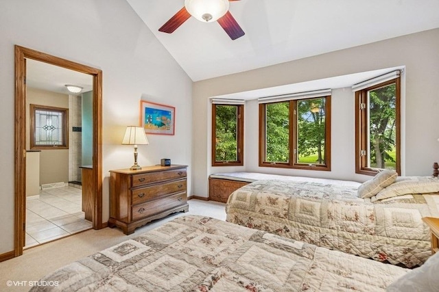 3104 Royal Fox Dr, Saint Charles, IL 60174 - bedroom with multiple windows, light colored carpet, a ceiling fan, and high vaulted ceiling
