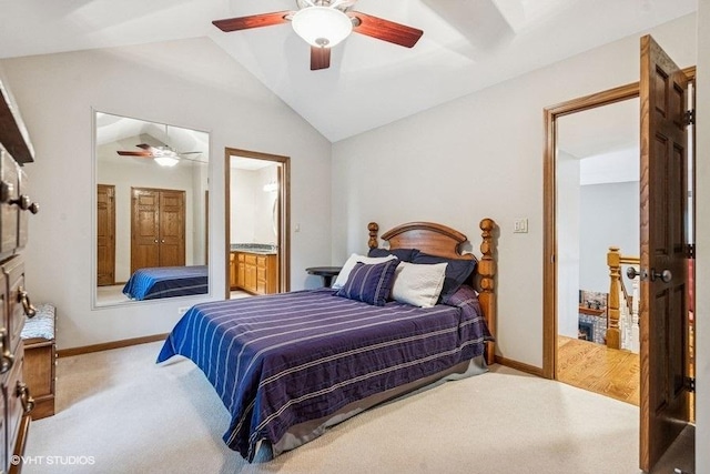 3104 Royal Fox Dr, Saint Charles, IL 60174 - bedroom featuring vaulted ceiling, carpet, a ceiling fan, and ensuite bath