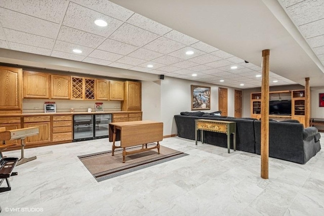 3104 Royal Fox Dr, Saint Charles, IL 60174 - interior space featuring wine cooler, a drop ceiling, recessed lighting, open floor plan, and light countertops