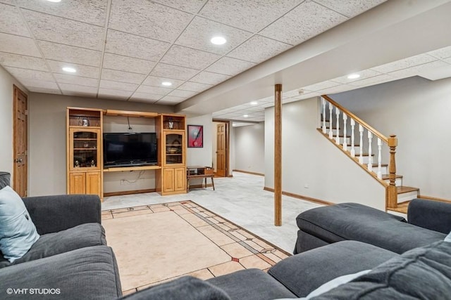 3104 Royal Fox Dr, Saint Charles, IL 60174 - living room with light colored carpet, recessed lighting, stairs, and a paneled ceiling