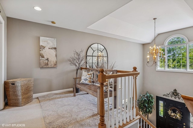 9520 Nicklaus Ln, Crystal Lake, IL 60014 - staircase with carpet flooring and a chandelier