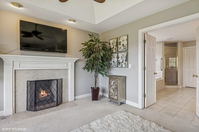 9520 Nicklaus Ln, Crystal Lake, IL 60014 - living area featuring a ceiling fan, a tile fireplace, and carpet