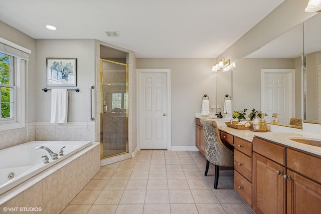9520 Nicklaus Ln, Crystal Lake, IL 60014 - bathroom with double vanity, a shower stall, a jetted tub, and tile patterned floors