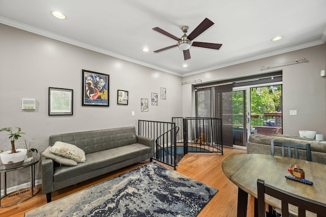 3405 N Harding Ave Unit 1, Chicago, IL 60618 - living room featuring a ceiling fan, wood finished floors, recessed lighting, and ornamental molding