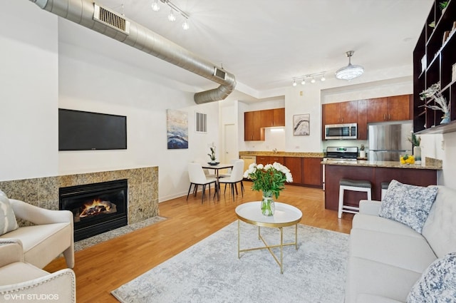 4537 S Drexel Blvd Unit 106, Chicago, IL 60653 - living area featuring rail lighting, a premium fireplace, and light wood finished floors