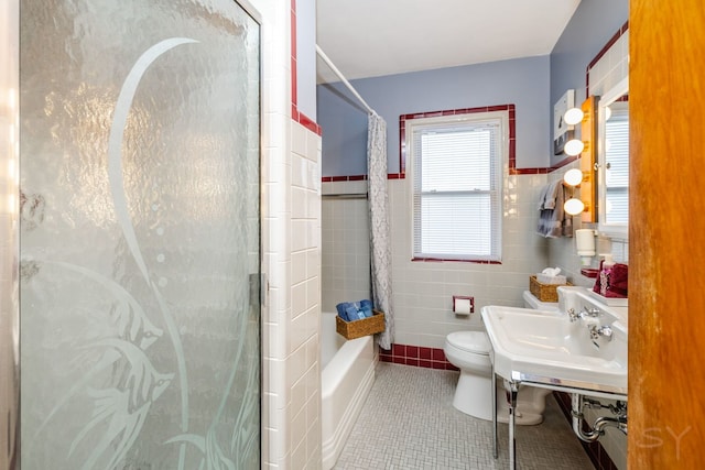 3730 Wenonah Ave, Berwyn, IL 60402 - full bath with tile walls, tile patterned floors, toilet, shower / bath combo, and wainscoting