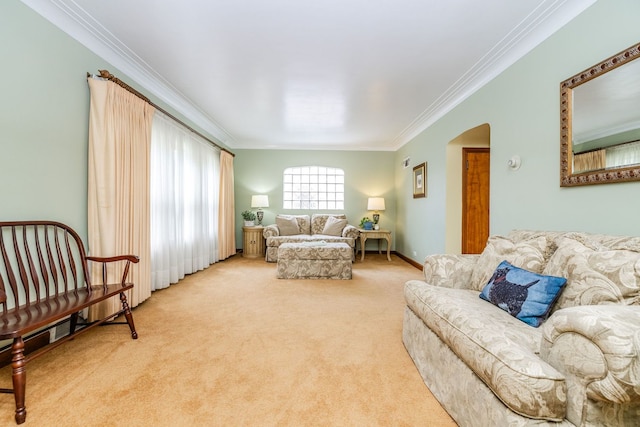 3730 Wenonah Ave, Berwyn, IL 60402 - carpeted living room featuring ornamental molding and arched walkways