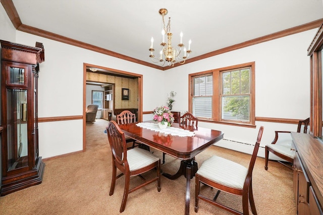 3218 Wenonah Ave, Berwyn, IL 60402 - dining area featuring light carpet, a chandelier, ornamental molding, and baseboard heating