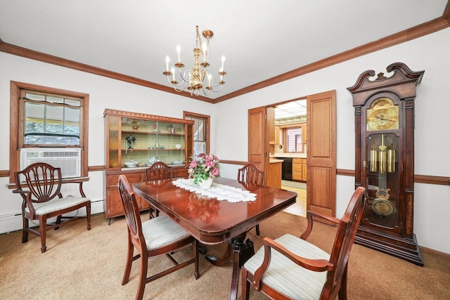 3218 Wenonah Ave, Berwyn, IL 60402 - dining room with light colored carpet, a chandelier, ornamental molding, cooling unit, and a baseboard heating unit