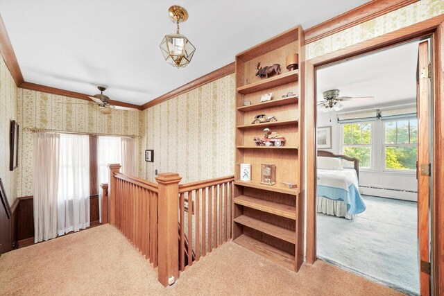 3218 Wenonah Ave, Berwyn, IL 60402 - stairs featuring a ceiling fan, wallpapered walls, carpet flooring, a baseboard heating unit, and ornamental molding