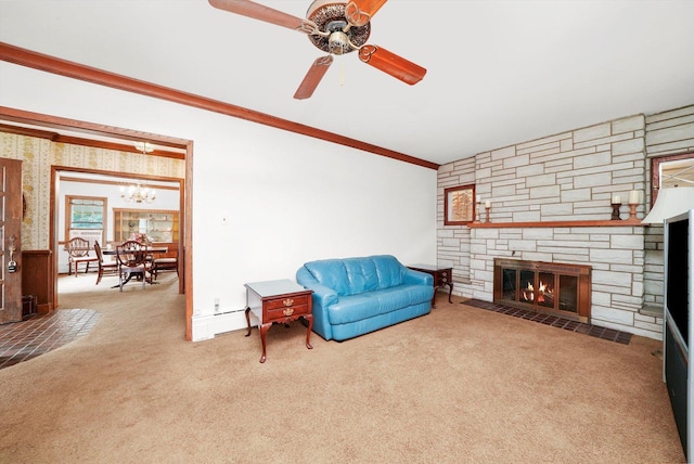 3218 Wenonah Ave, Berwyn, IL 60402 - living area with carpet flooring, a chandelier, crown molding, a stone fireplace, and a ceiling fan
