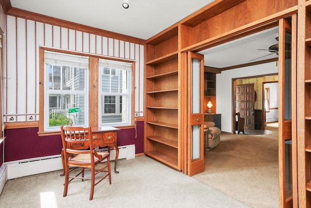 3218 Wenonah Ave, Berwyn, IL 60402 - carpeted home office featuring healthy amount of natural light, ceiling fan, and a baseboard heating unit