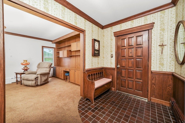 3218 Wenonah Ave, Berwyn, IL 60402 - entryway featuring crown molding, wainscoting, wallpapered walls, and a baseboard radiator