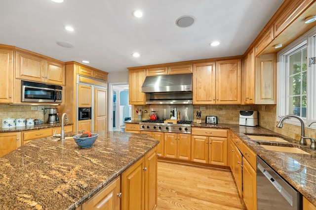 948A Shetland Dr, Frankfort, IL 60423 - kitchen with stainless steel appliances, under cabinet range hood, decorative backsplash, dark stone counters, and recessed lighting