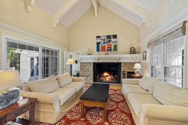 948A Shetland Dr, Frankfort, IL 60423 - living area with a brick fireplace, beamed ceiling, and high vaulted ceiling