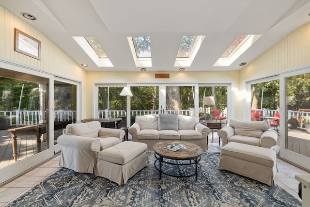 948A Shetland Dr, Frankfort, IL 60423 - sunroom with tile patterned floors, a skylight, healthy amount of natural light, wood walls, and high vaulted ceiling