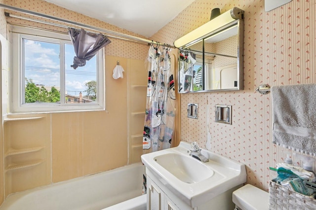 1127 Herbert Ave, Berkeley, IL 60163 - full bath with wallpapered walls, shower / tub combo with curtain, and vanity