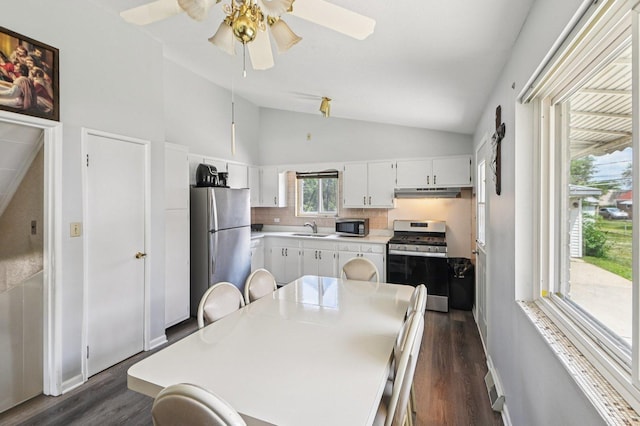 1127 Herbert Ave, Berkeley, IL 60163 - dining room featuring dark wood-style flooring, ceiling fan, and high vaulted ceiling