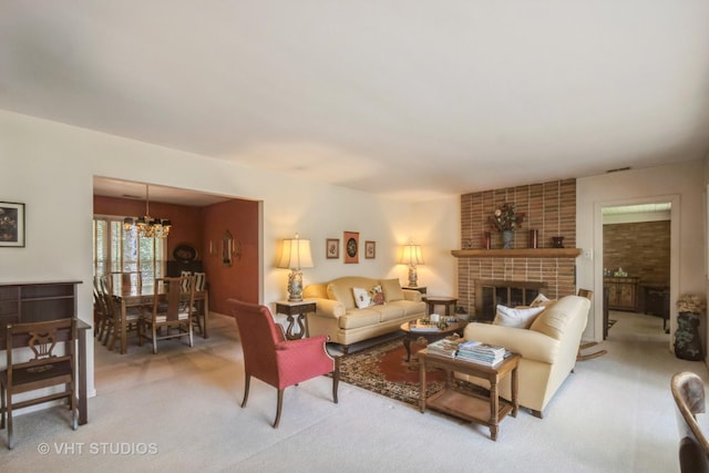 2601 Gordon Dr, Flossmoor, IL 60422 - carpeted living area with a chandelier and a brick fireplace