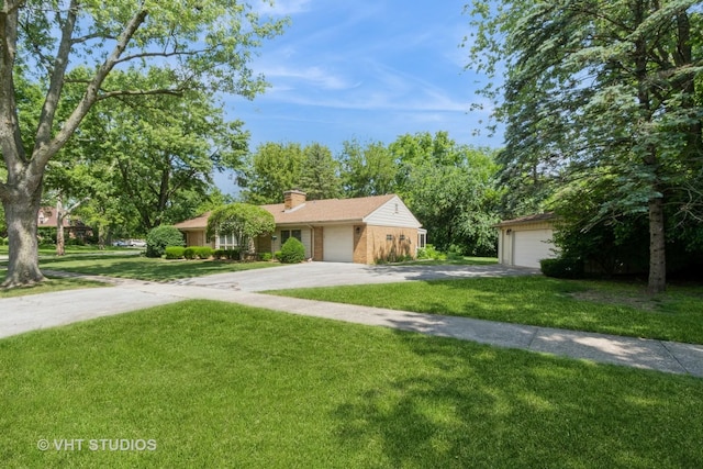2601 Gordon Dr, Flossmoor, IL 60422 - ranch-style home with a front yard, a chimney, and driveway