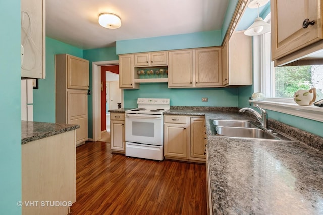 2601 Gordon Dr, Flossmoor, IL 60422 - kitchen featuring electric stove, dark wood-style flooring, light brown cabinets, and dark countertops