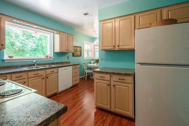 2601 Gordon Dr, Flossmoor, IL 60422 - kitchen featuring freestanding refrigerator, dishwasher, dark wood-style flooring, and light brown cabinetry
