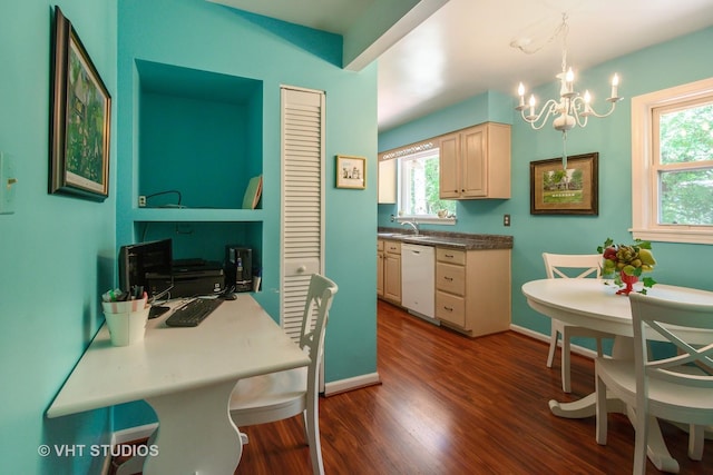 2601 Gordon Dr, Flossmoor, IL 60422 - kitchen featuring white dishwasher, a chandelier, dark wood-style flooring, and plenty of natural light