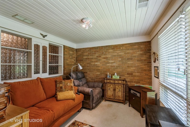 2601 Gordon Dr, Flossmoor, IL 60422 - living room with brick wall, light colored carpet, and ornamental molding
