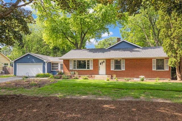 1907 S St, Geneva, IL 60134 - ranch-style house featuring driveway, an attached garage, brick siding, a front lawn, and a shingled roof