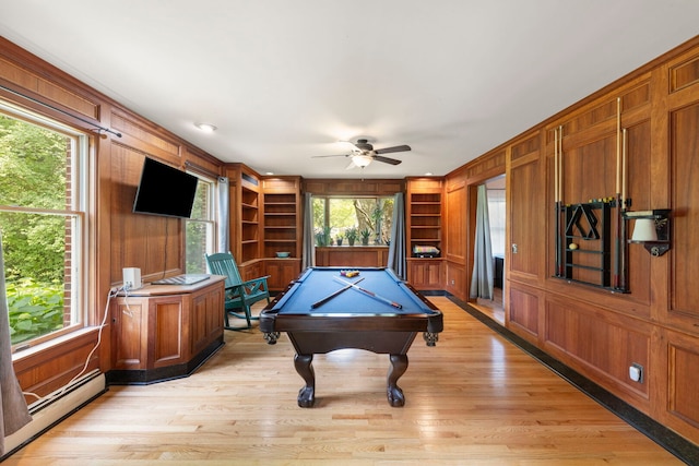 1907 S St, Geneva, IL 60134 - game room with a baseboard heating unit, ceiling fan, built in features, light wood-type flooring, and wood walls