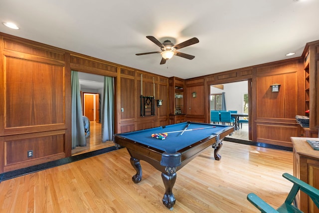 1907 S St, Geneva, IL 60134 - recreation room with a ceiling fan, wood walls, light wood-style flooring, billiards, and ornamental molding