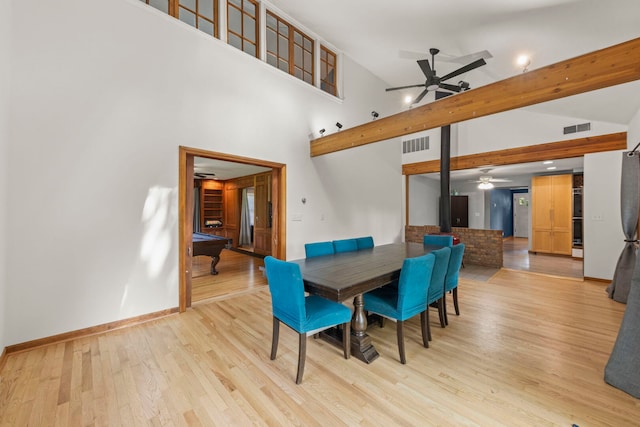 1907 S St, Geneva, IL 60134 - dining space featuring a ceiling fan, light wood-style floors, high vaulted ceiling, and billiards