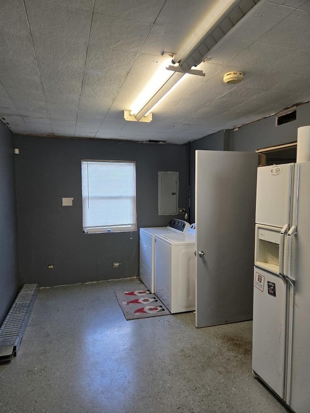 16517 Plainview Dr, Markham, IL 60428 - below grade area featuring white fridge with ice dispenser, washer and clothes dryer, and electric panel