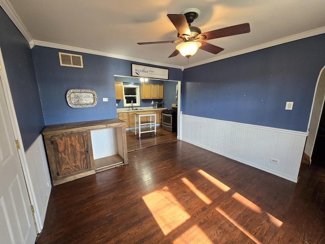 16517 Plainview Dr, Markham, IL 60428 - living area with ceiling fan, a wainscoted wall, dark wood-style floors, and crown molding