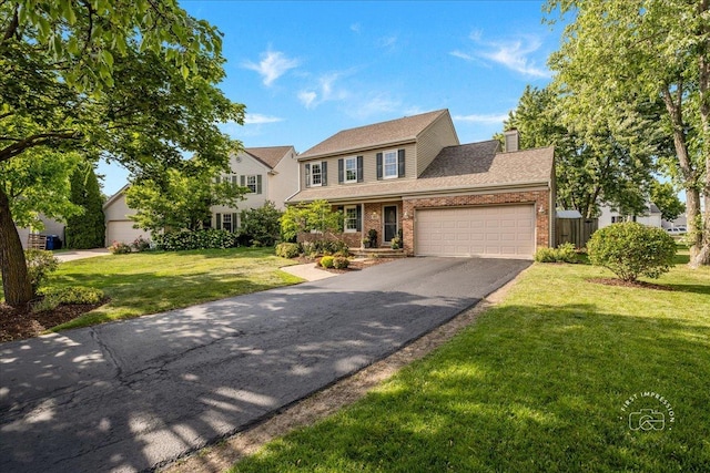 957 Whittington Dr, Geneva, IL 60134 - view of front facade with asphalt driveway, a front yard, an attached garage, brick siding, and a chimney