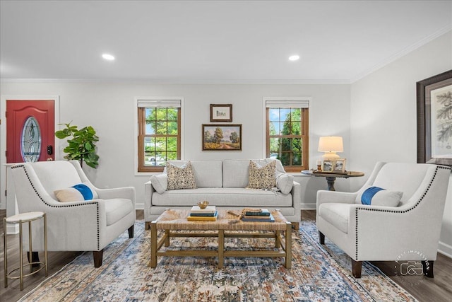 957 Whittington Dr, Geneva, IL 60134 - living room with crown molding, wood finished floors, and recessed lighting