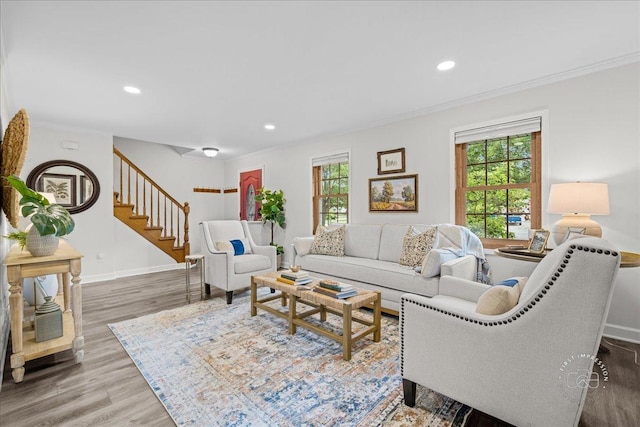 957 Whittington Dr, Geneva, IL 60134 - living room with plenty of natural light, ornamental molding, stairs, wood finished floors, and recessed lighting