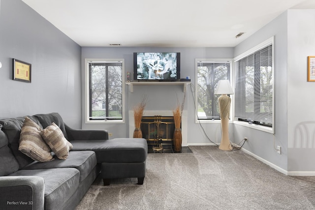 6266 Trinity Dr Unit 2B, Lisle, IL 60532 - living area featuring carpet floors, baseboards, and a fireplace with flush hearth