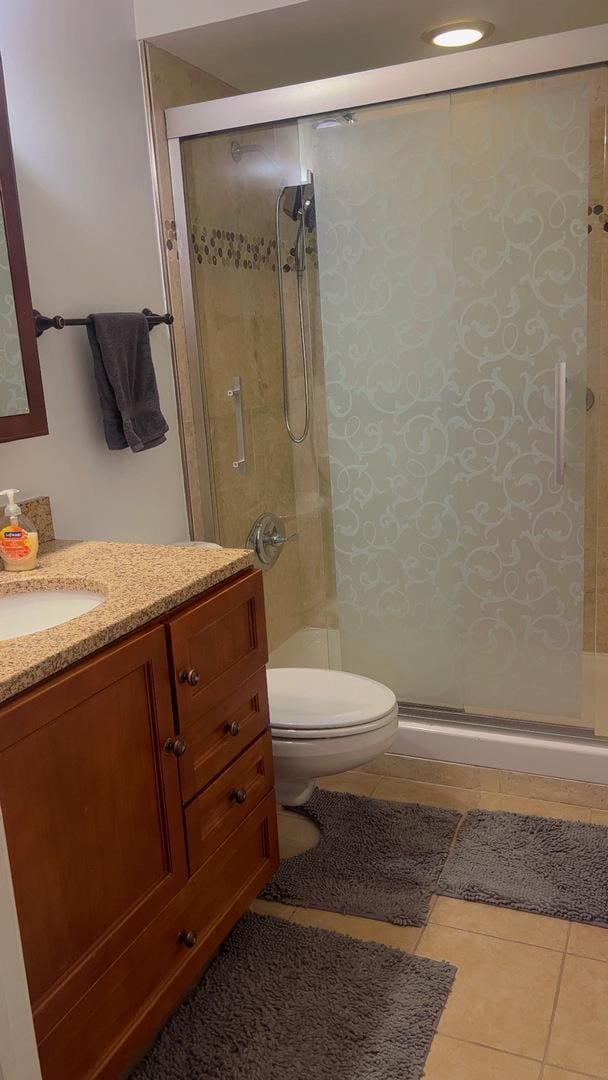 3427 Vollmer Rd Unit 108, Flossmoor, IL 60422 - bathroom featuring vanity, toilet, a shower stall, and tile patterned flooring