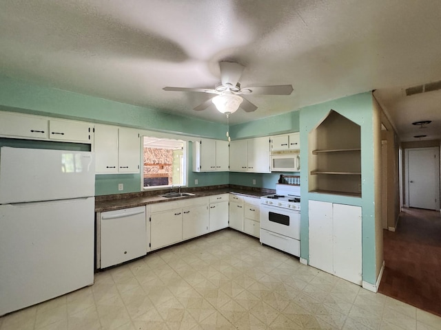 310 N 3rd Ave, Chenoa, IL 61726 - kitchen featuring white appliances, dark countertops, ceiling fan, a sink, and open shelves