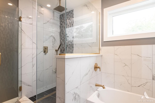 10921 S Hermosa Ave, Chicago, IL 60643 - bathroom featuring a marble finish shower, a tub to relax in, recessed lighting, and tile walls