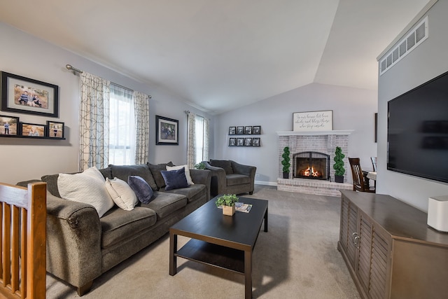 27W108 Walnut Dr, Winfield, IL 60190 - living room with lofted ceiling, a brick fireplace, and carpet flooring