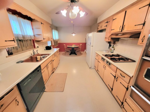 718 Central Park Ave, Flossmoor, IL 60422 - kitchen featuring white appliances, a warming drawer, a sink, decorative backsplash, and under cabinet range hood